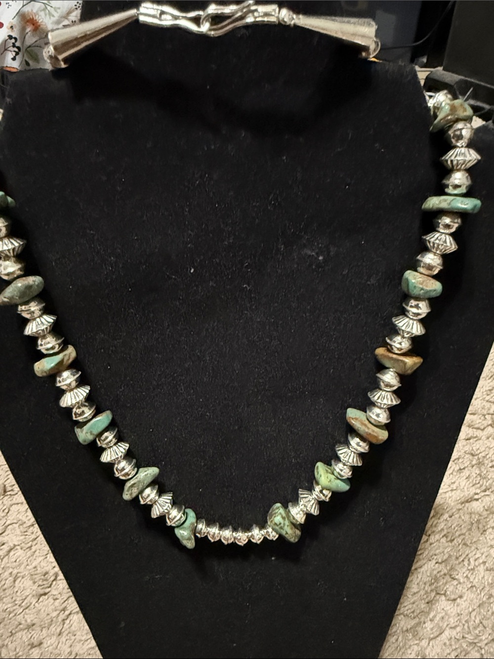 Native Green Turquoise Chip Necklace with Silver Sterling 27 inches
